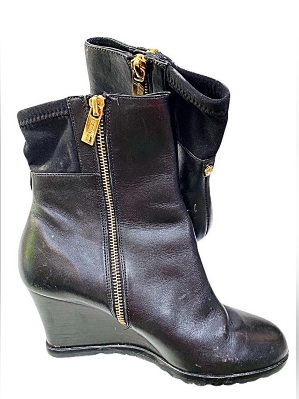 Michael Kors Black Leather Wedge Ankle Boots with Gold Hardware